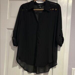 BCX Black Boxy Blouse with Notched Collar and Cuffed Sleeves